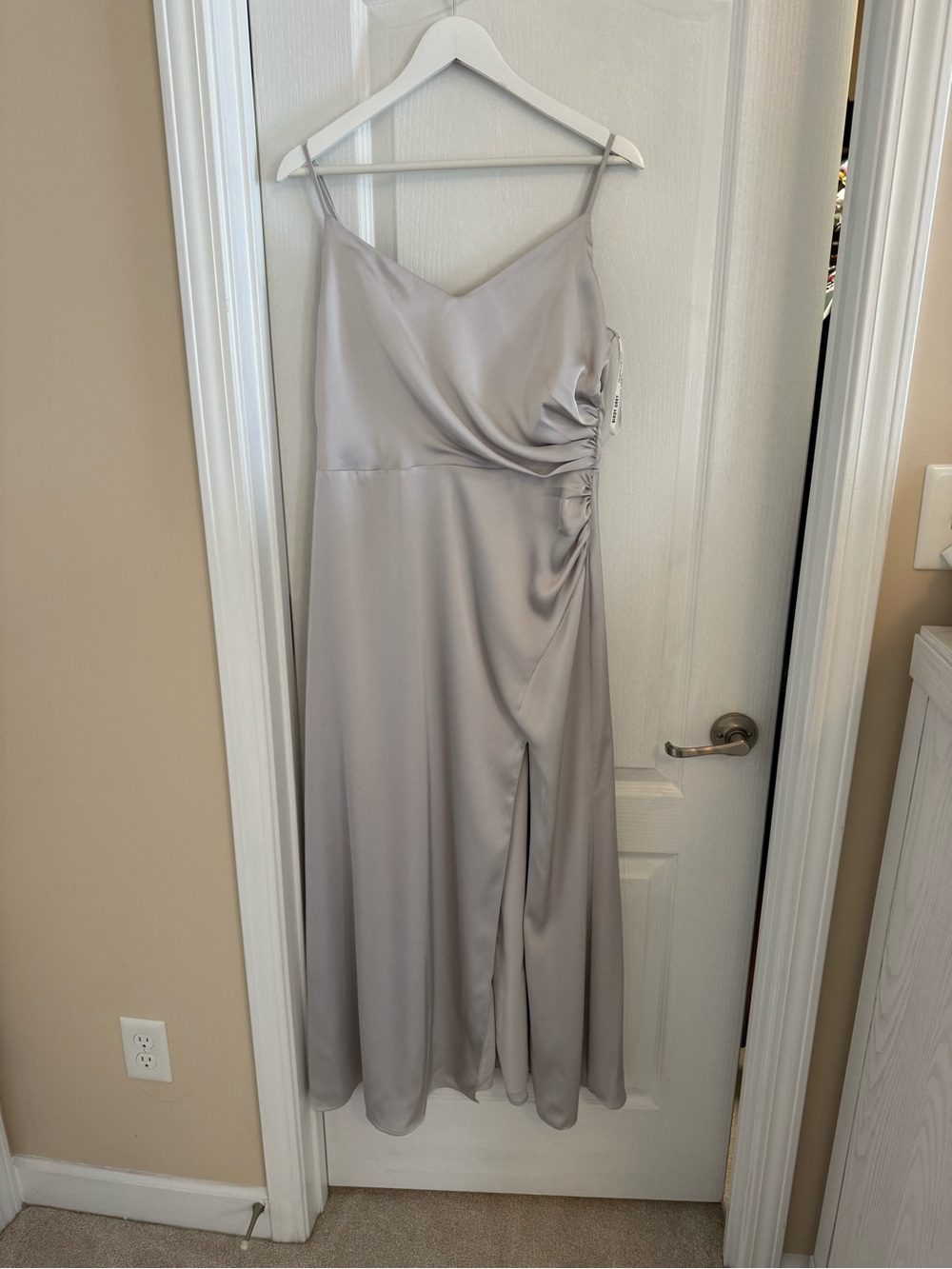 Birdy Grey Silver Satin Midi Slip Dress with Side Ruched Detail